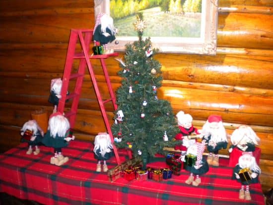 the traditional display of the 10 ranch elves, preparing for Christmas in the Lodge Lounge.