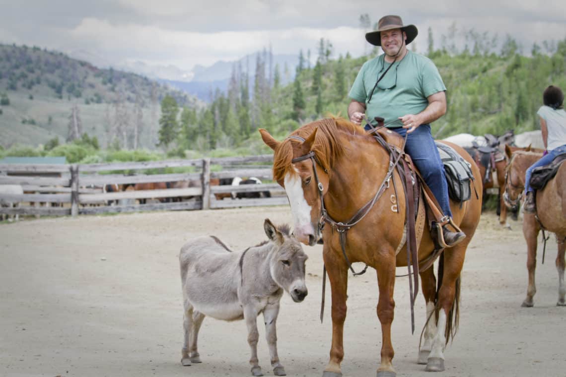 Man on horse with donkey nearby