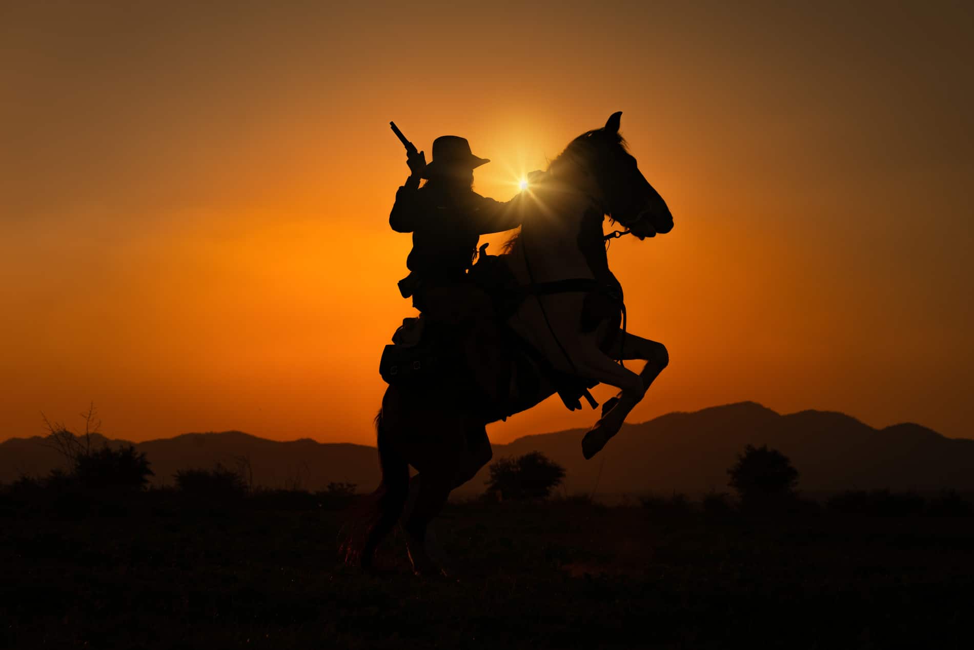 Silhouette of a cowboy riding a horse