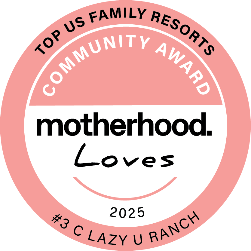 A Motherhood Loves community award badge naming C Lazy U Ranch as the #3 top family resort