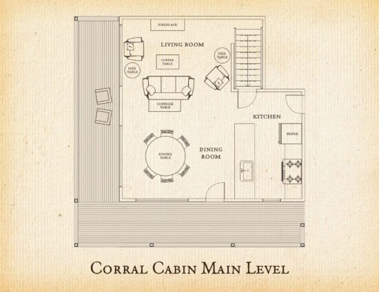 A detailed floor plan for the Main Level of Corral Cabin at C Lazy U Ranch which features a full kitchen and dining room. The Living room has sofas, chairs, TV, and a fireplace.