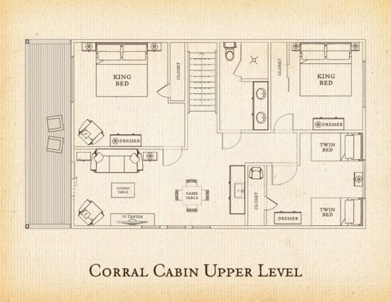 A detailed floor plan of the upper floor of the Corral Cabin at C Lazy U Ranch showcasing three bedrooms, including two bedrooms with king beds. Each room is uniquely furnished and designed for comfortable stays. The third bedroom has 2 twin beds. The bathroom is centrally located to all the bedrooms and is equipped with a walk-in shower and double vanity. There is another living room upstairs with a balcony that provides beautiful views of the ranch. The living room has a game table perfect for a round of cards or board games, a TV, and is equipped with a wet bar including a microwave and sink.
