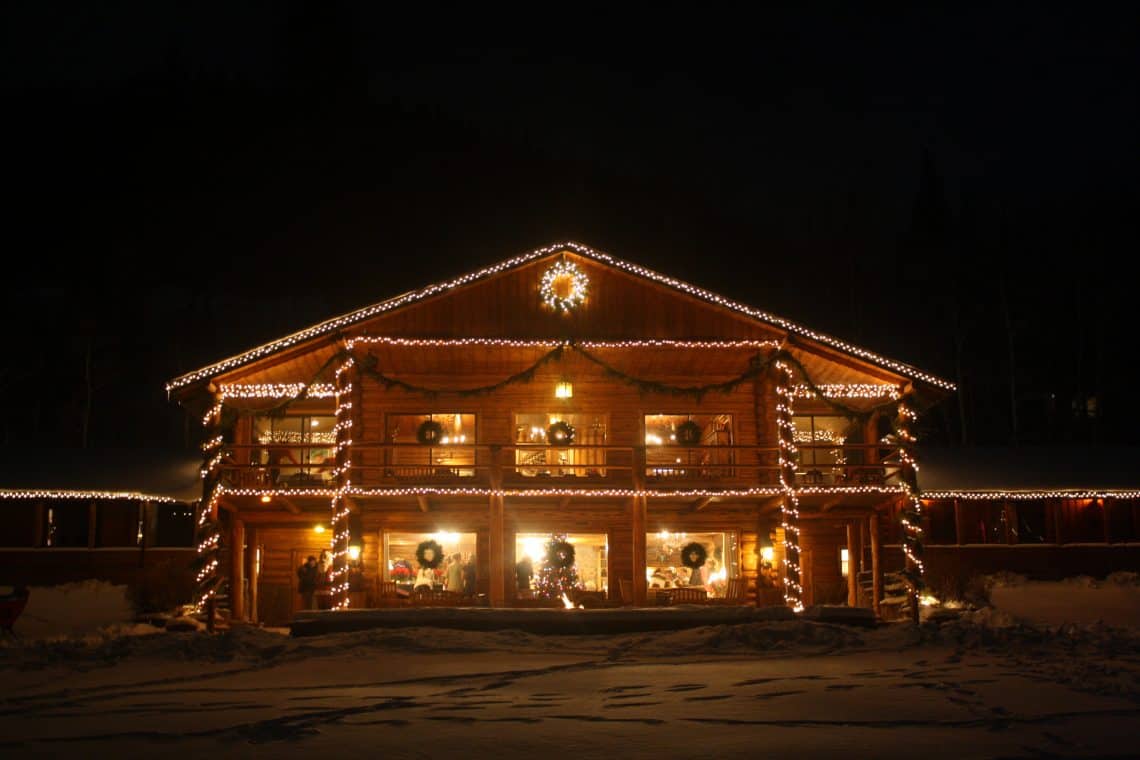 cabin with all the christmas lights