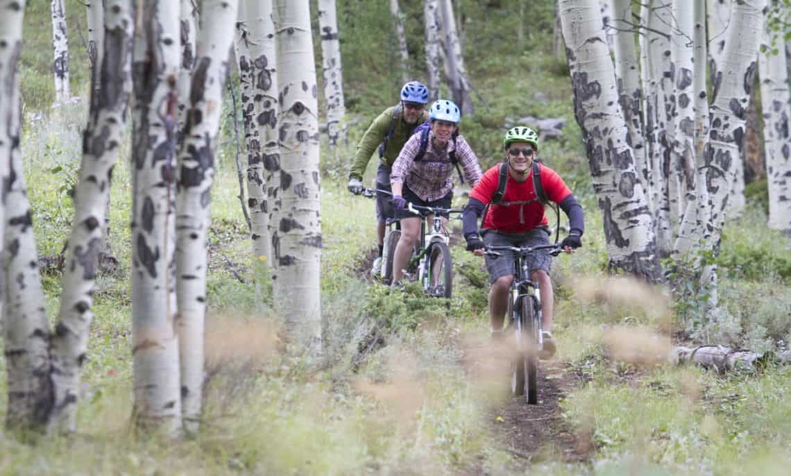 Three people mountain biking