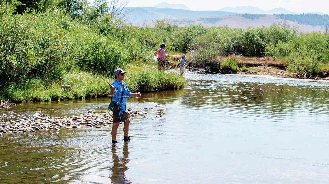 3 men fishing the river, in beautiful scenery