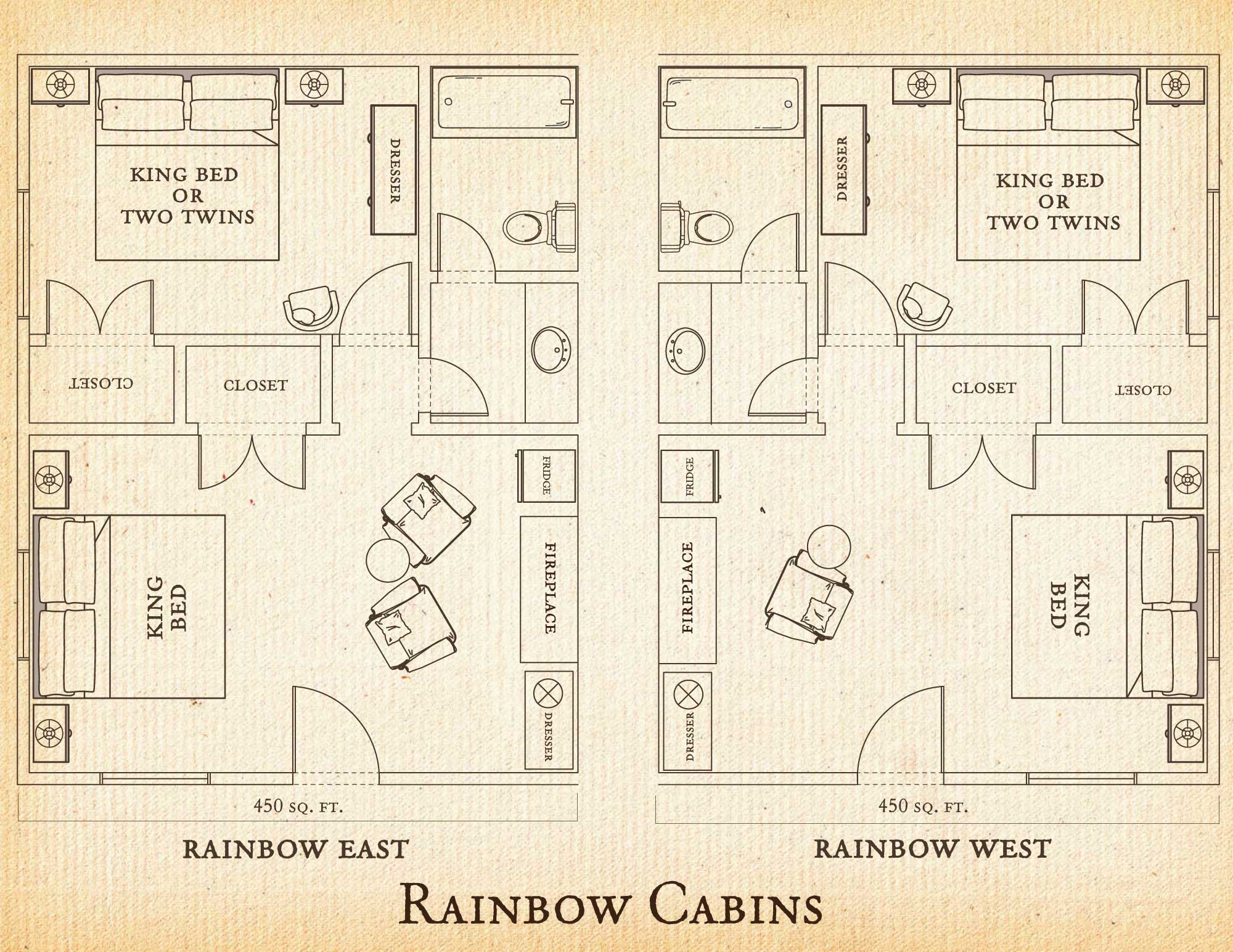 Floorplan of Rainbow East and Rainbow West Cabins at C Lazy U Ranch, Each unit has a king bed in the front room and either two twins or a king in the back room; a dresser, a bathroom, a fireplace and a sitting area.