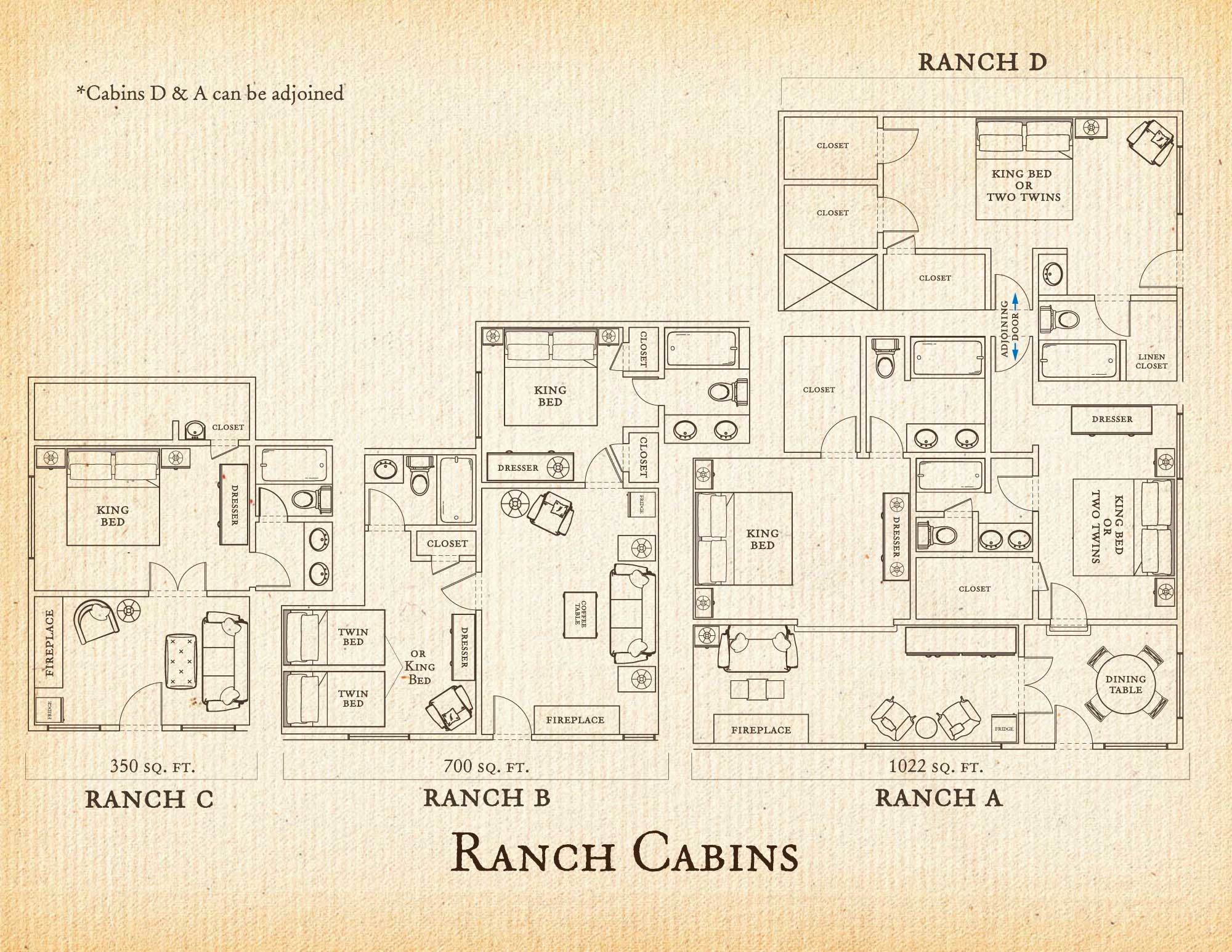 A detailed floor plan of the "Ranch Cabins" at C Lazy U Ranch, including four cabin units labeled Ranch C, Ranch B, Ranch A, and Ranch D. Each cabin is uniquely furnished and designed for comfortable stays. Ranch C has a king bed, a living area with a couch, a closet, and a fireplace. Ranch B features a queen bed, twin bunks, a dining table near a fireplace, and ample storage space. Hill West contains a king bed, two twin beds, two bathrooms, a sitting area, and a fireplace. Ranch A features a king bed in the master bedroom, a sunroom, fireplace, dining nook and a second bedroom with option for king or twin bed. Ranch D has a king bed or two twin beds, closets, and a bathroom. Ranch D & A can be adjoined through a connection door.