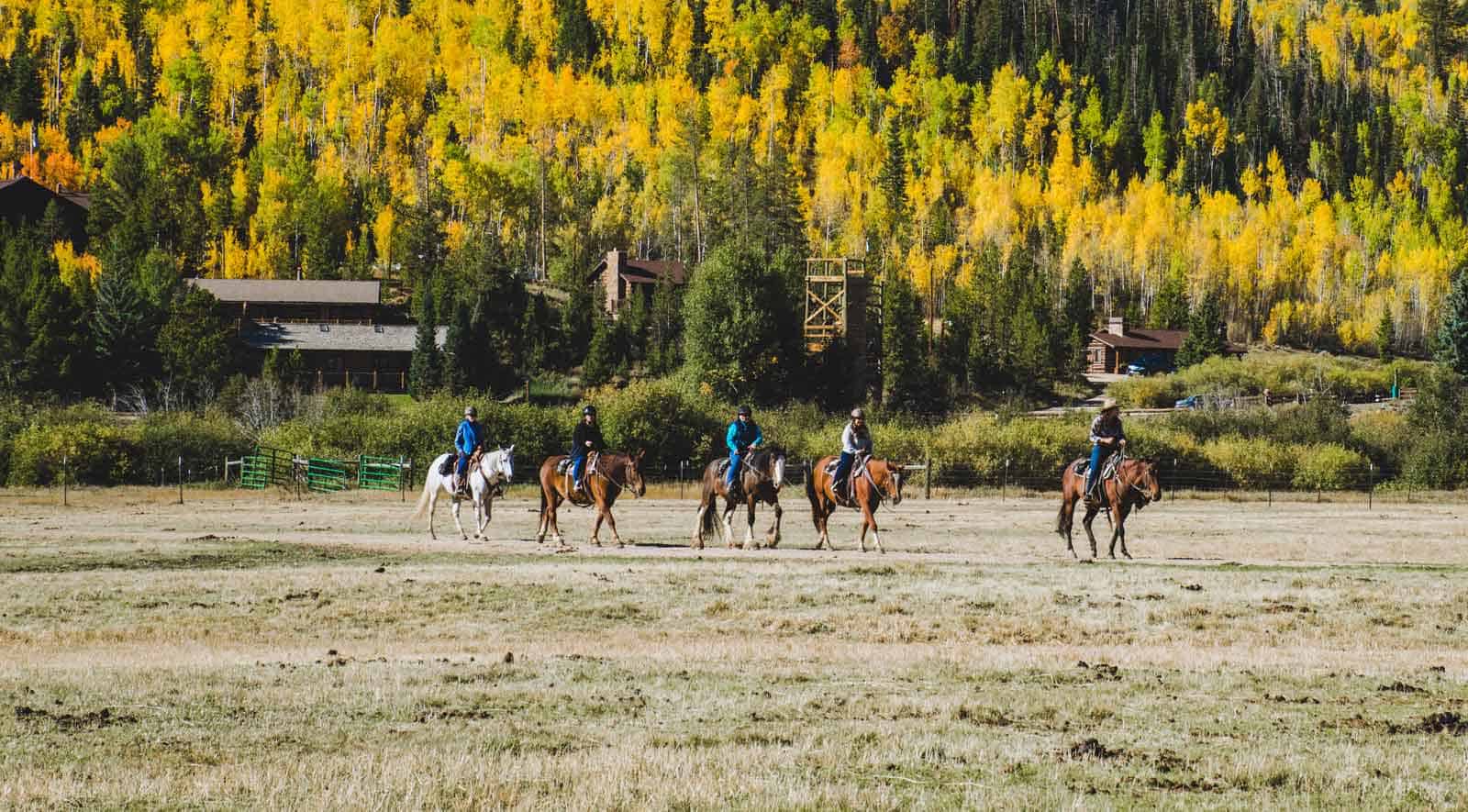 riding horses across a field in the fall at C Lazy U Ranch