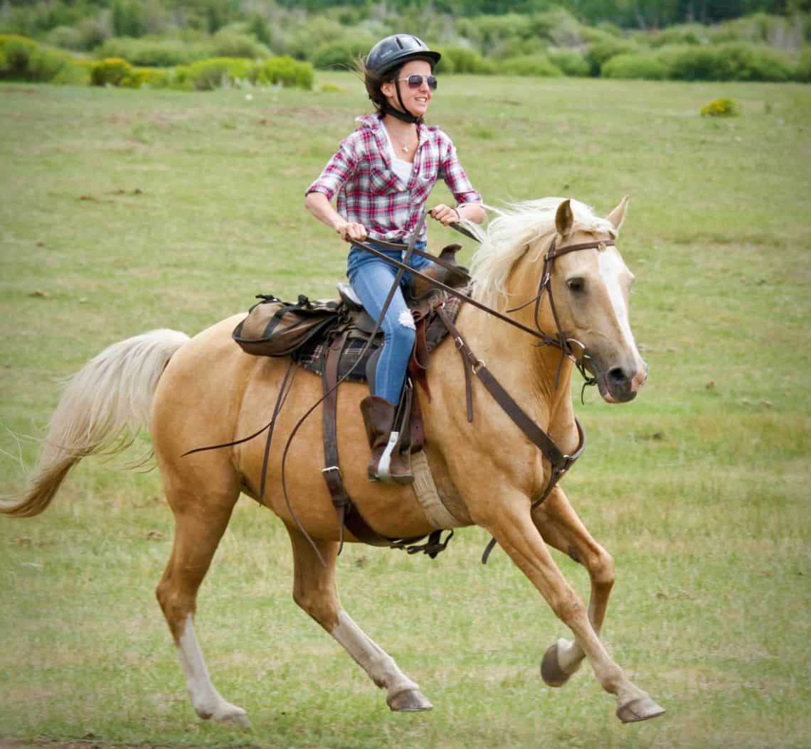 An adult woman cantering a horse