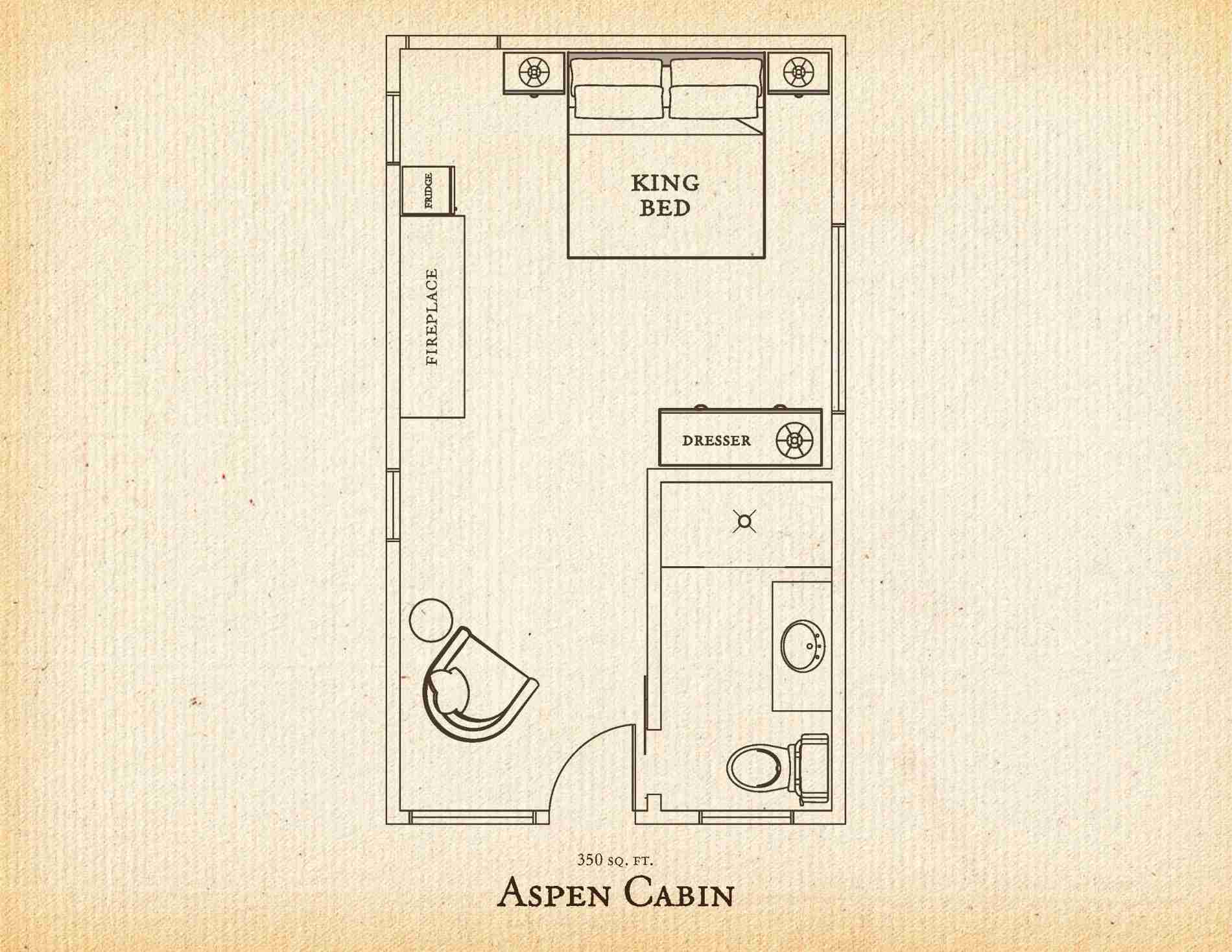 Floorplan of Aspen Cabin at C Lazy U Ranch which shows a king bed, a dresser, a bathroom, and a living area with a fireplace.