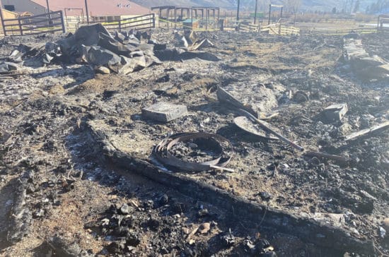 A closeup of the barn rubble