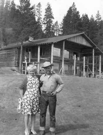 After two decades of running the ranch, in 1945 the Smillies sold it to Ivor Carl "Pete" Peterson, shown here with his mother Martha, and the newly built Lodge.