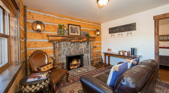 Crest living room with fireplace