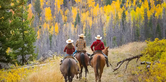 A family rides on horseback towards golden aspens