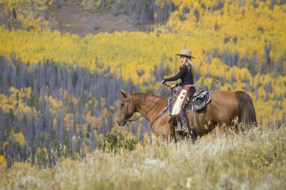 Woman riding horse in the fall