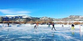 Guests playing ice hockey on the pond