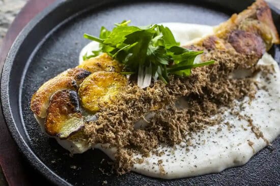 Potato Crusted Walleye with Cauliflower Truffle Cream