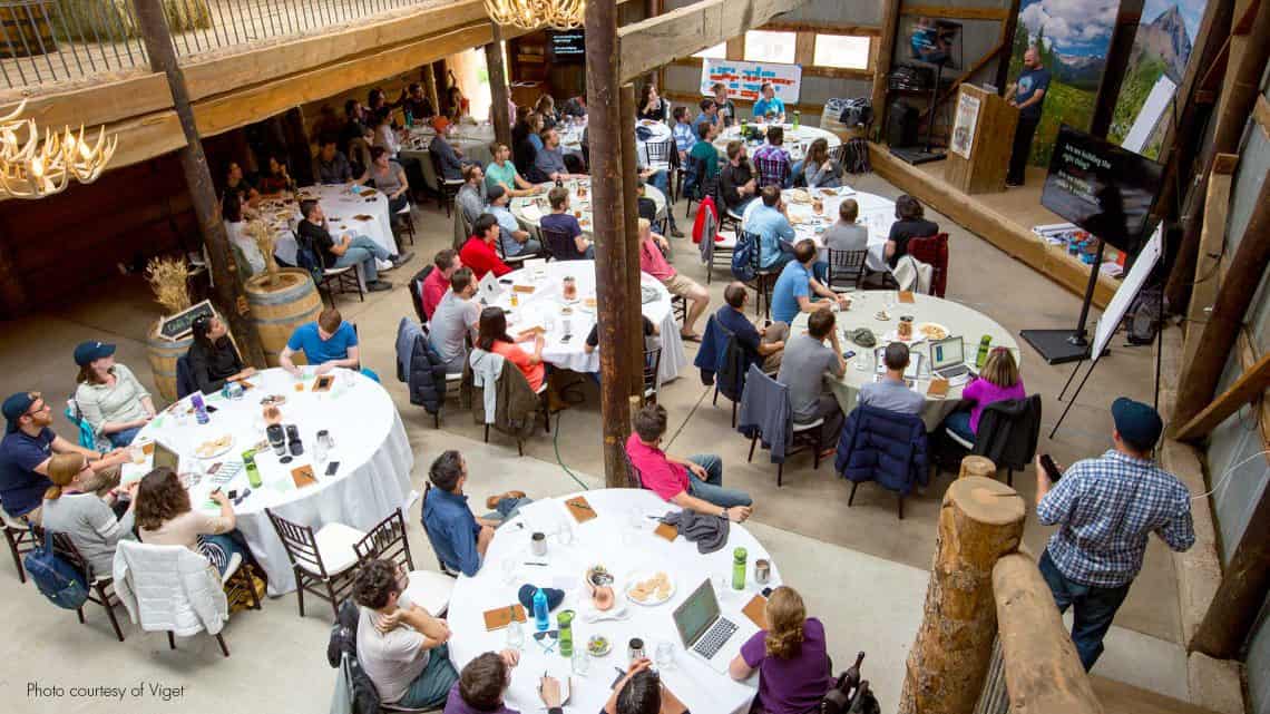 The hay barn set up for a group meeting