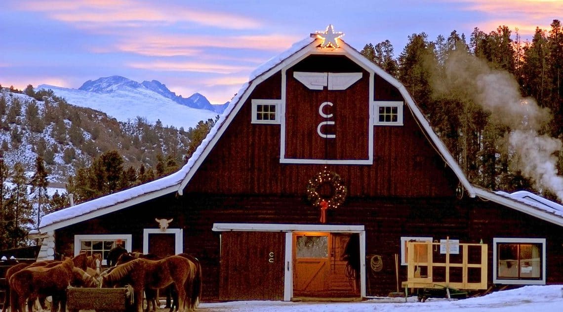 barn with sunset