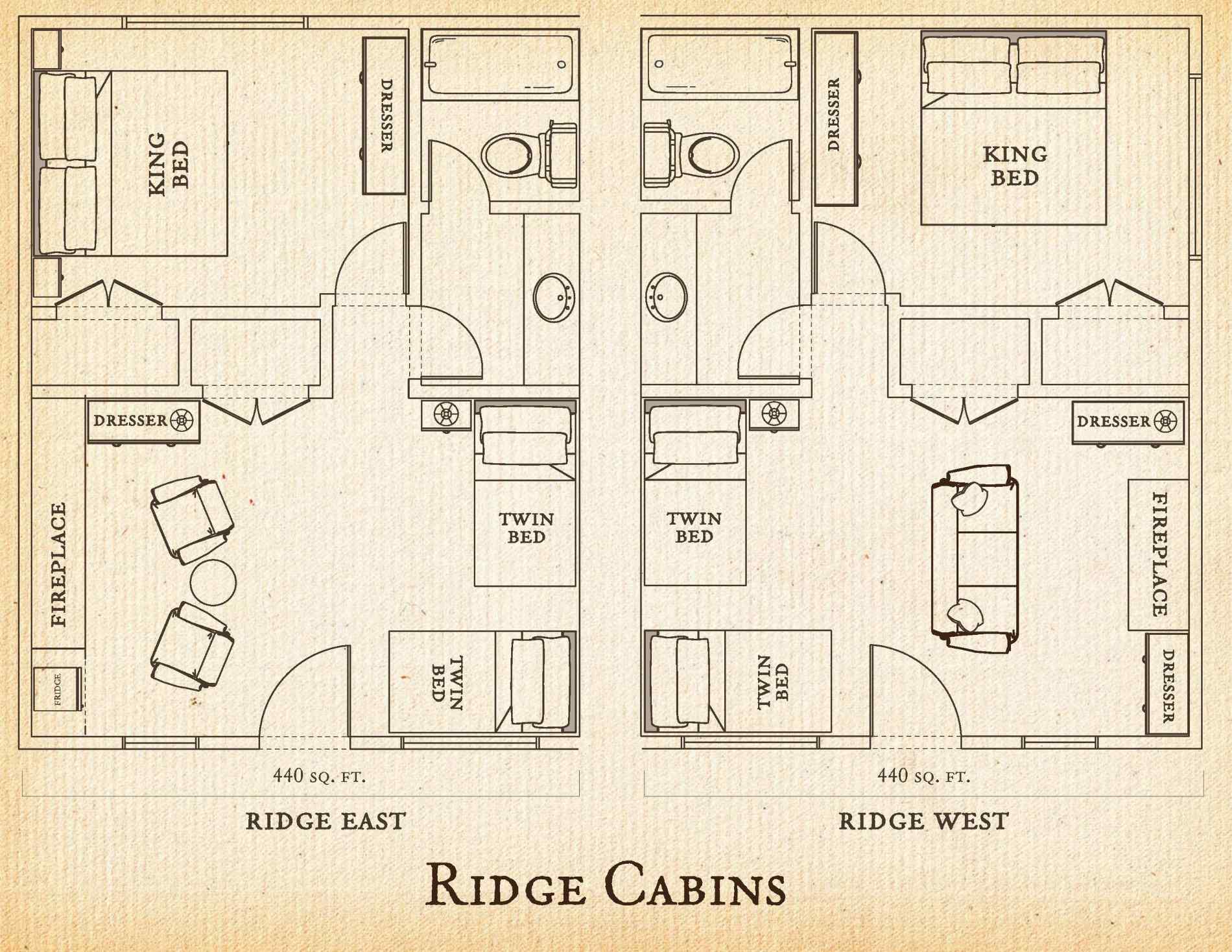 Floorplan of Ridge East and Ridge West Cabins at C Lazy U Ranch, Each unit has a king bed and two twins, a dresser, a bathroom, a closet, a fireplace, and a sitting area.