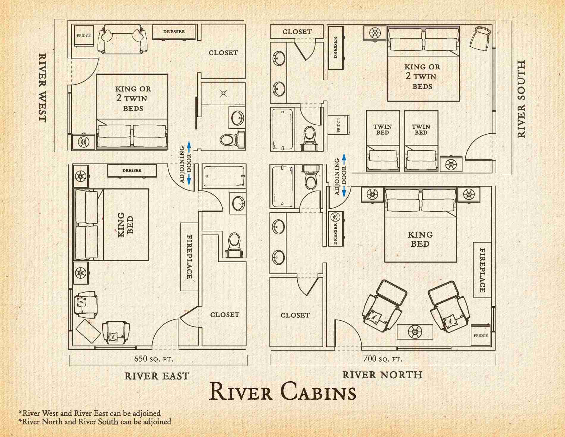 Floorplan of River Cabins (West, East, North, and South) at C Lazy U Ranch, Each unit has a king bed or two twins, a dresser, a bathroom, a closet, and a sitting area. The East and North units have a fireplace. The East and West units and the North and South unites can be adjoined through a connecting door.