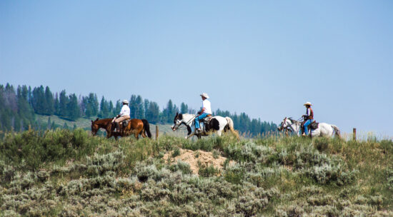 three adults riding out on the trails at C Lazy U