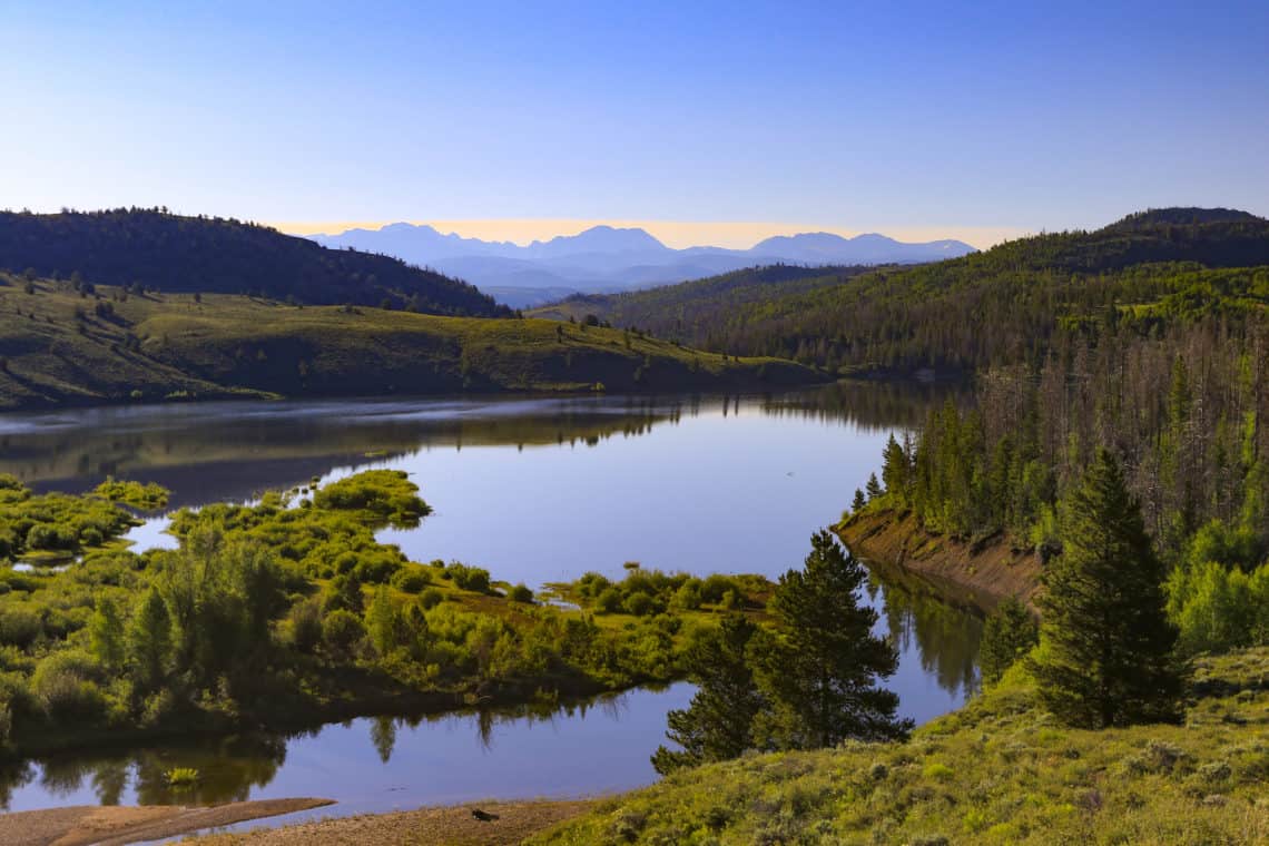 View of lake and mountains ins summer