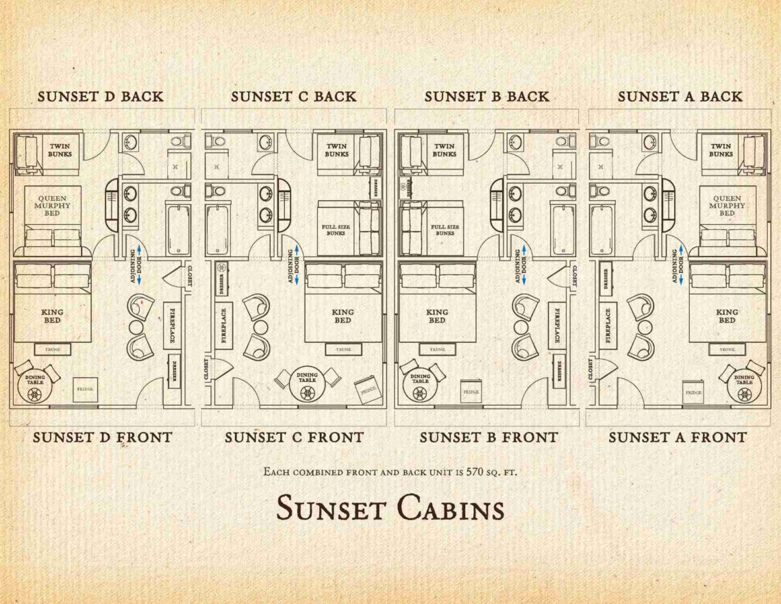 Floorplan of Sunset Cabins at C Lazy U Ranch, showing Sunset Front and Back units The front units, each with a king bed, a dresser, a fireplace, a bathroom, and a dining table. The Back units have bunk beds and a bathroom. The front and back units can be adjoined through a connecting door.