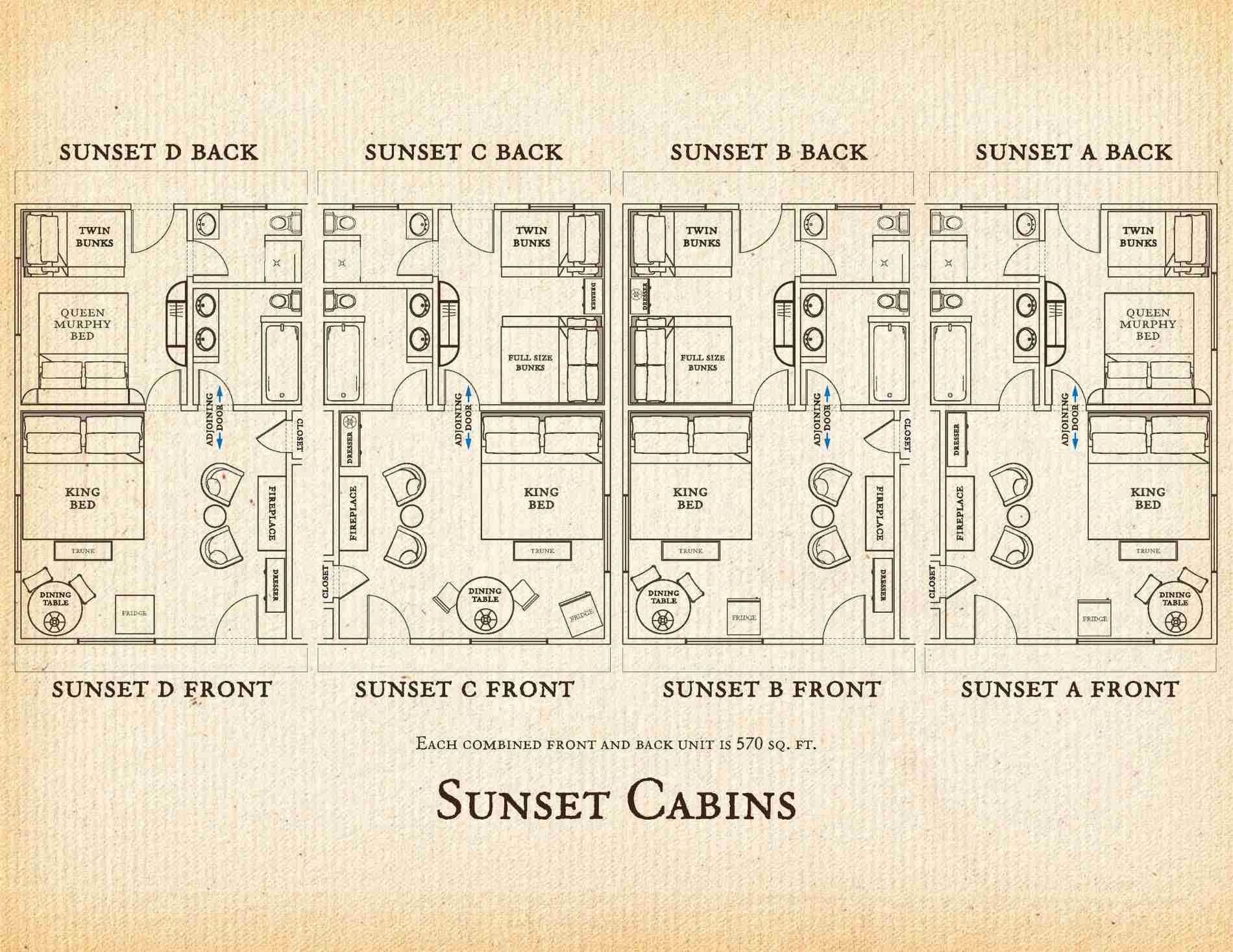 Floorplan of Sunset Cabins at C Lazy U Ranch, showing Sunset Front and Back units The front units, each with a king bed, a dresser, a fireplace, a bathroom, and a dining table. The Back units have bunk beds and a bathroom. The front and back units can be adjoined through a connecting door.