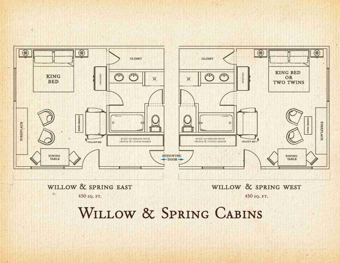Floorplan of Willow and Spring Cabins at C Lazy U Ranch, showing East and West units. The units, each with a king bed, a dresser, a fireplace, a bathroom, and a dining table. The units can be adjoined through a connecting door.