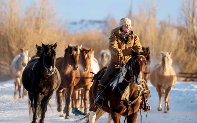 girl riding horse with others behind