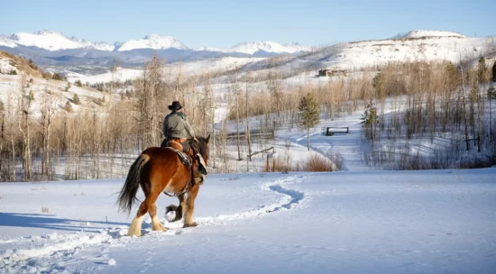 A lone cowboy rides out into the winter landscape on his horse