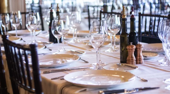 The lodge dining room set up for dinner