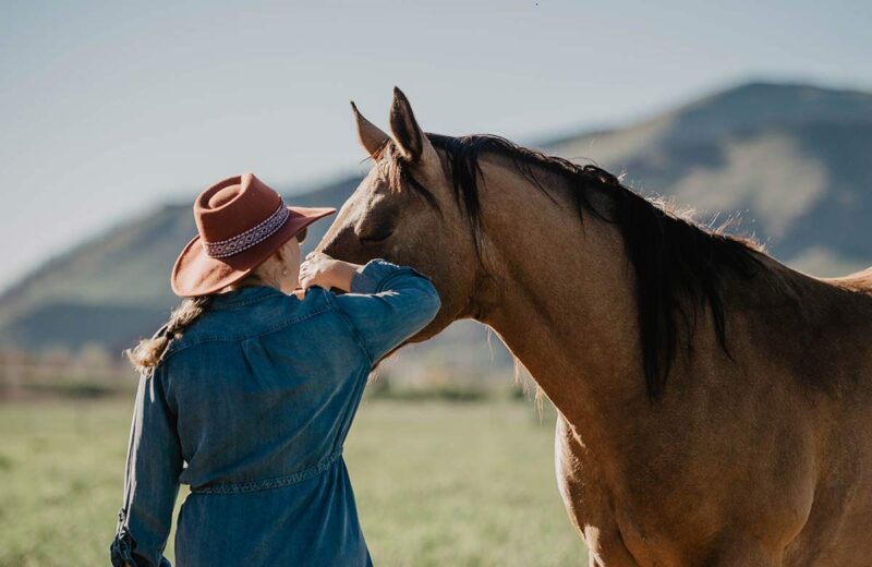 woman bonding with a horse out in the pasture