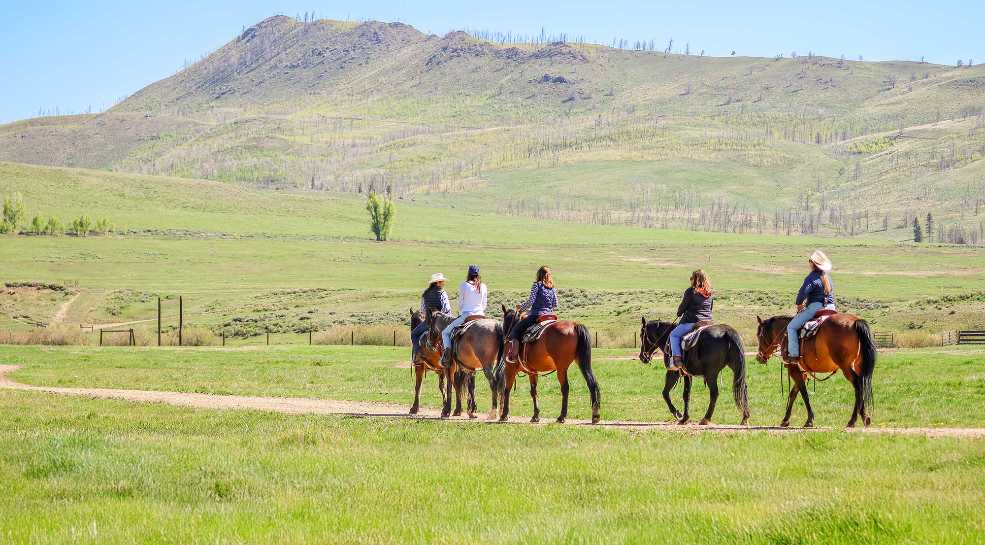 Women riding horses on a trail at the C Lazy U ranch in late spring